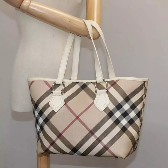 BURBERRY Nova Check Tote Bag PVC Leather Beige Auth 106619 - Picture 3 of 16